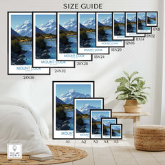 Mount Cook New Zealand Canvas Print | Scenic Alpine Landscape Poster size guide showcasing various print dimensions.