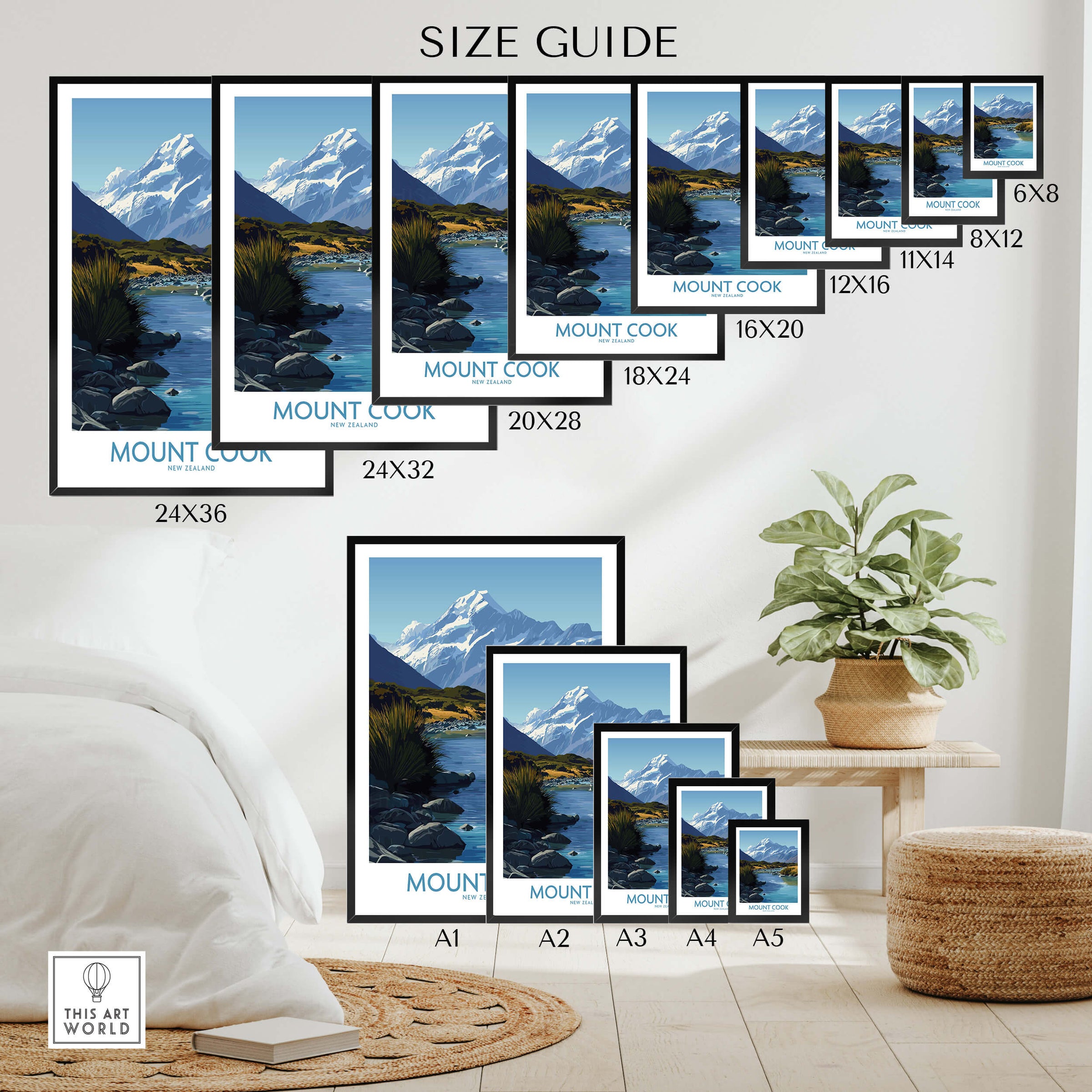 Mount Cook New Zealand Canvas Print | Scenic Alpine Landscape Poster size guide showcasing various print dimensions.
