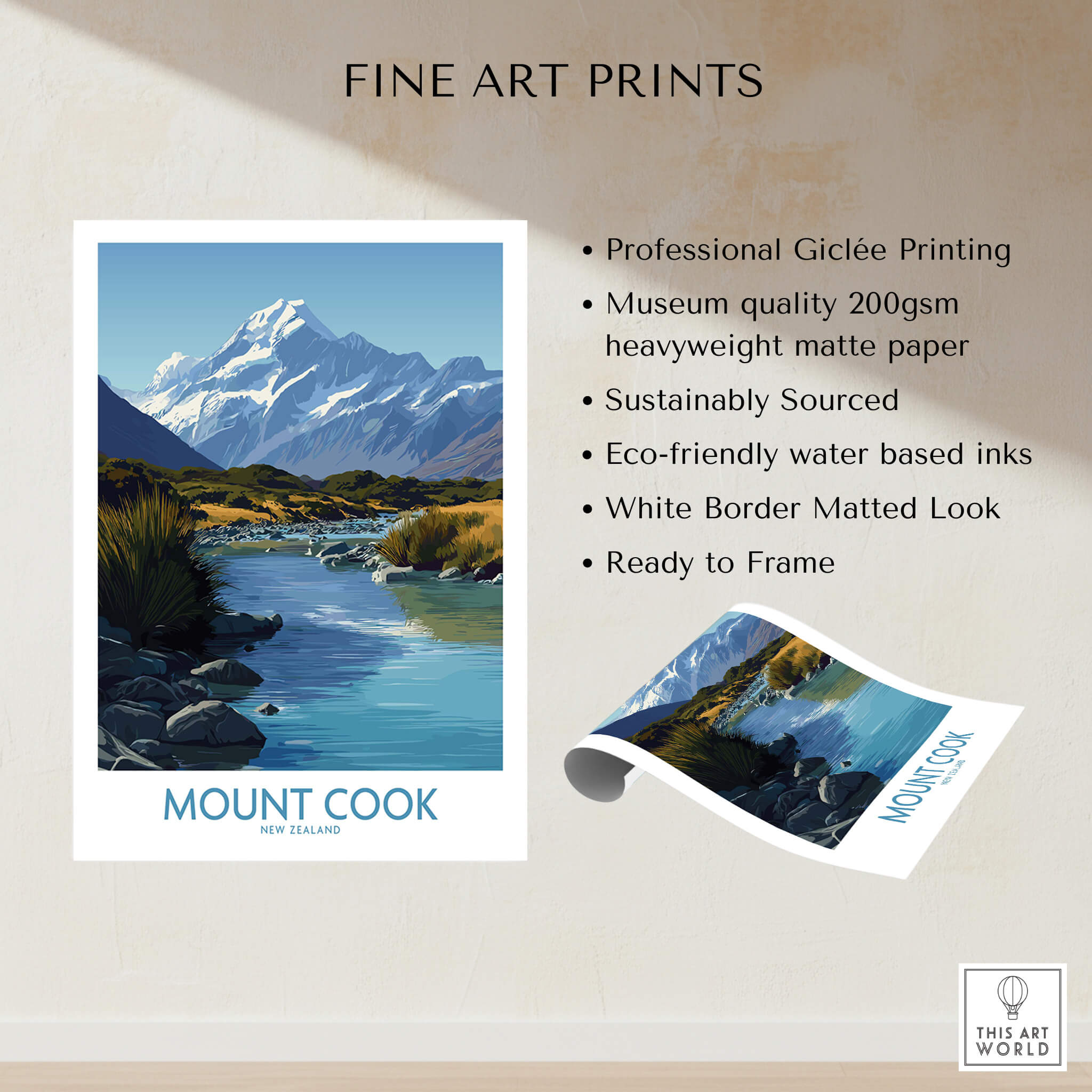 Mount Cook New Zealand Canvas Print | Scenic Alpine Landscape Poster showcasing the stunning alpine scenery.