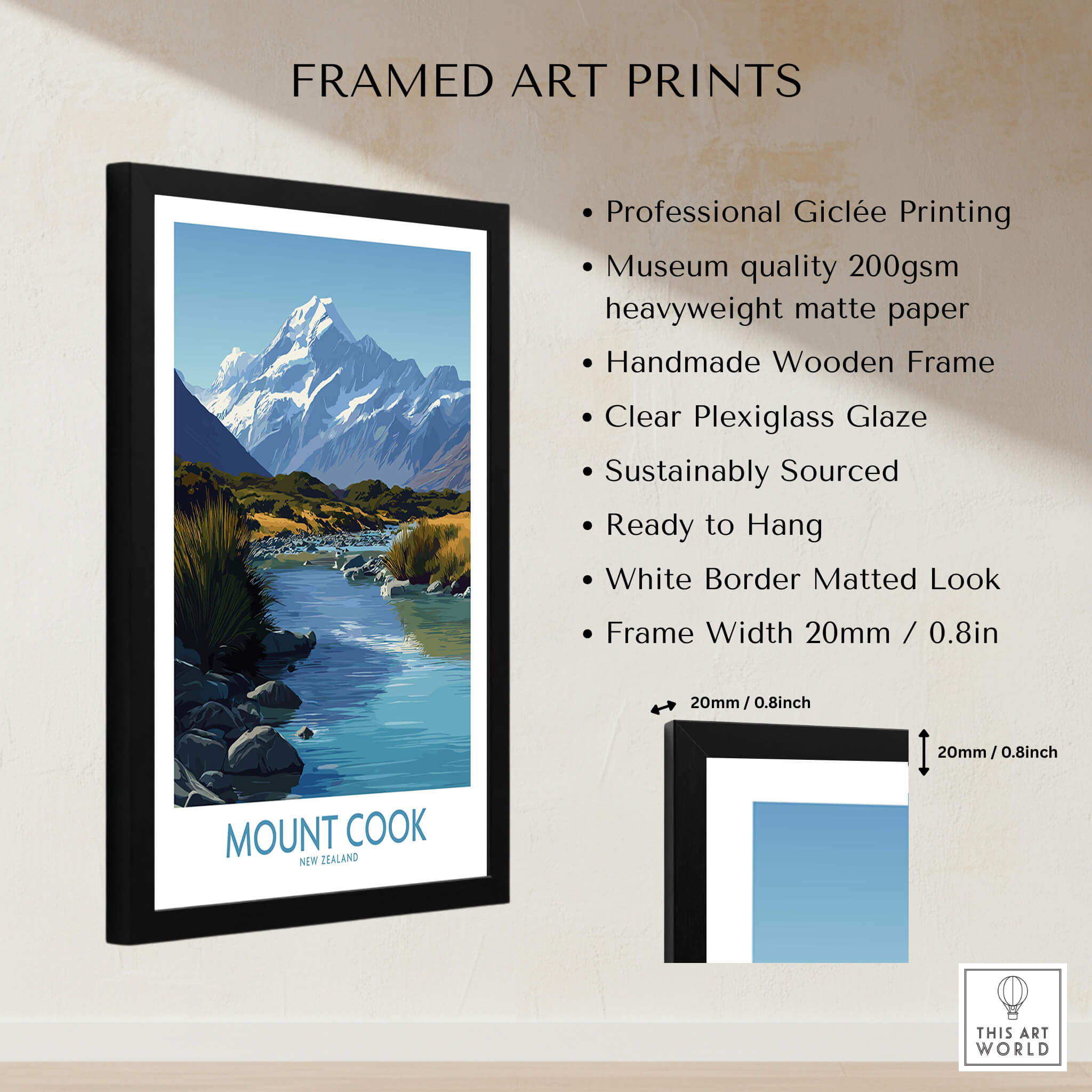 Mount Cook New Zealand Canvas Print | Scenic Alpine Landscape Poster framed art print with professional Giclée printing.