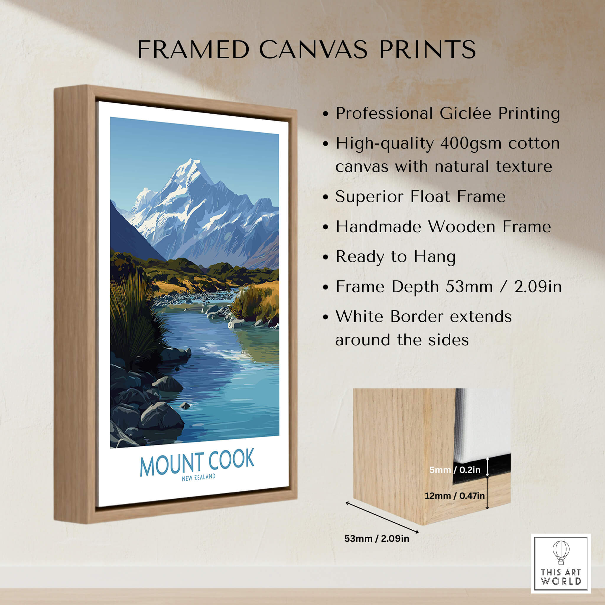 Mount Cook New Zealand Canvas Print | Scenic Alpine Landscape Poster framed canvas print with professional Giclée printing.