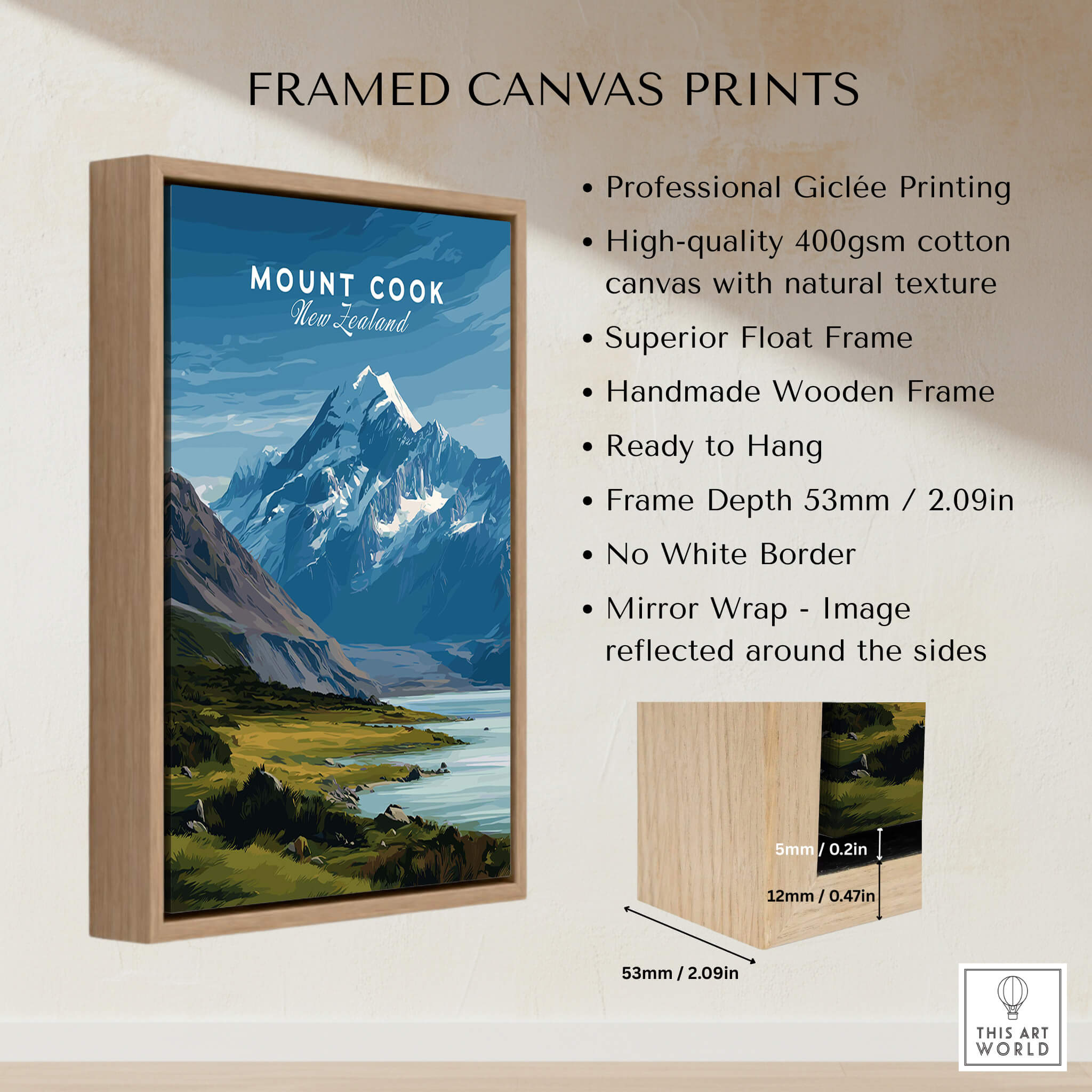 Mount Cook New Zealand Wall Art Print | Snow Capped Summit Travel Poster displayed in a framed canvas print.