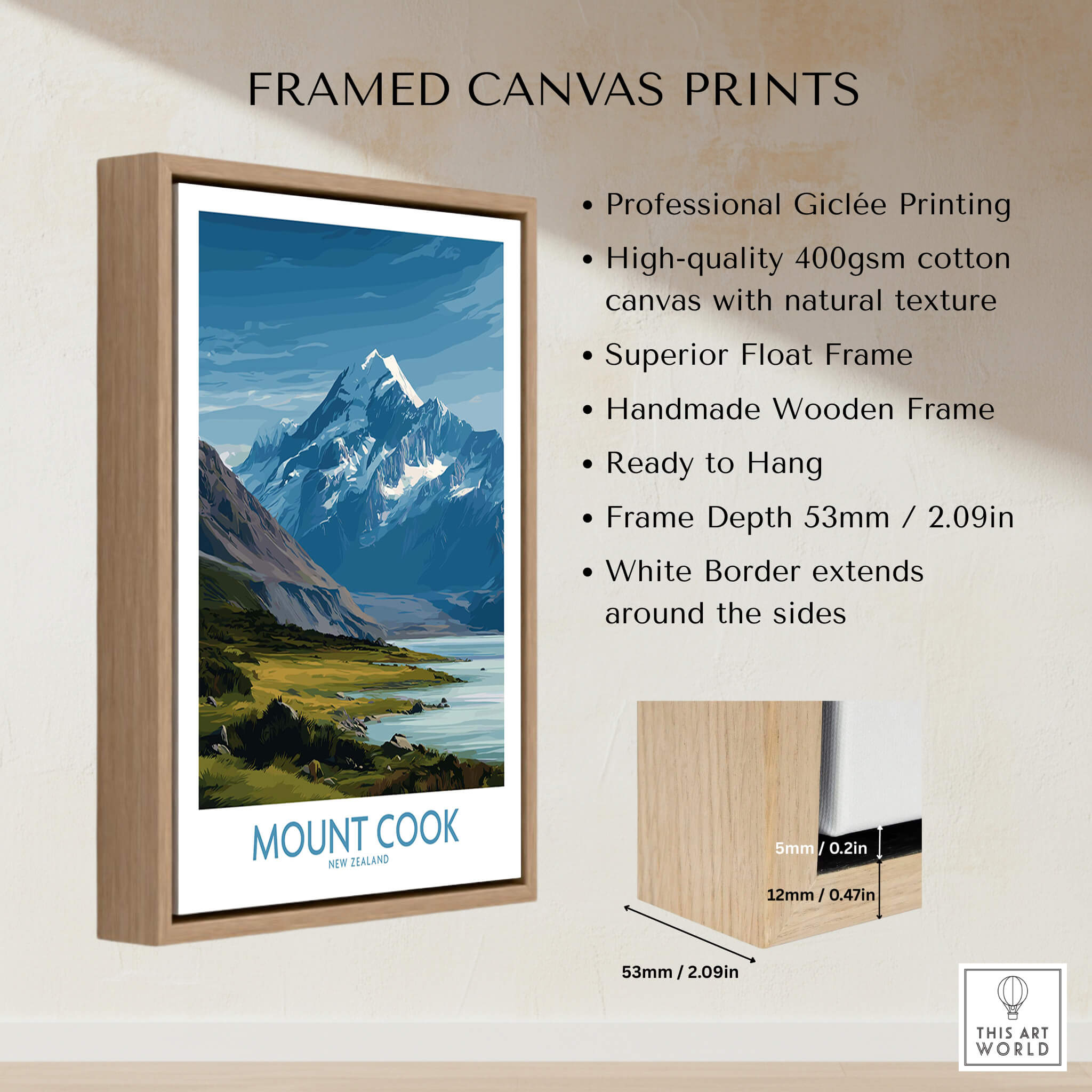 Mount Cook New Zealand Poster | Southern Alps Nature Scene Canvas Print framed in a wooden float frame.