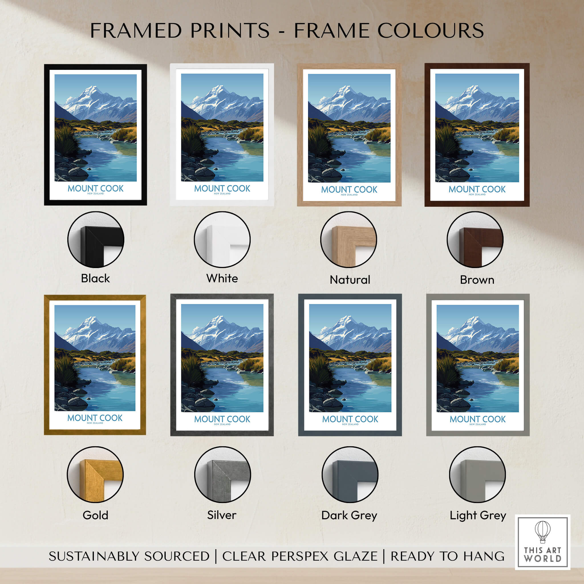 Mount Cook New Zealand Canvas Print | Scenic Alpine Landscape Poster framed print color options including black, white, and natural.