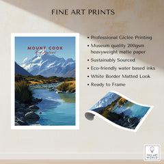 Mount Cook New Zealand Travel Poster | Glacial Lake & Peaks Wall Art Print featuring a serene landscape and vibrant colors.