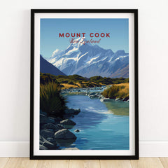 Mount Cook New Zealand Travel Poster | Glacial Lake & Peaks Wall Art Print featuring a serene alpine landscape.