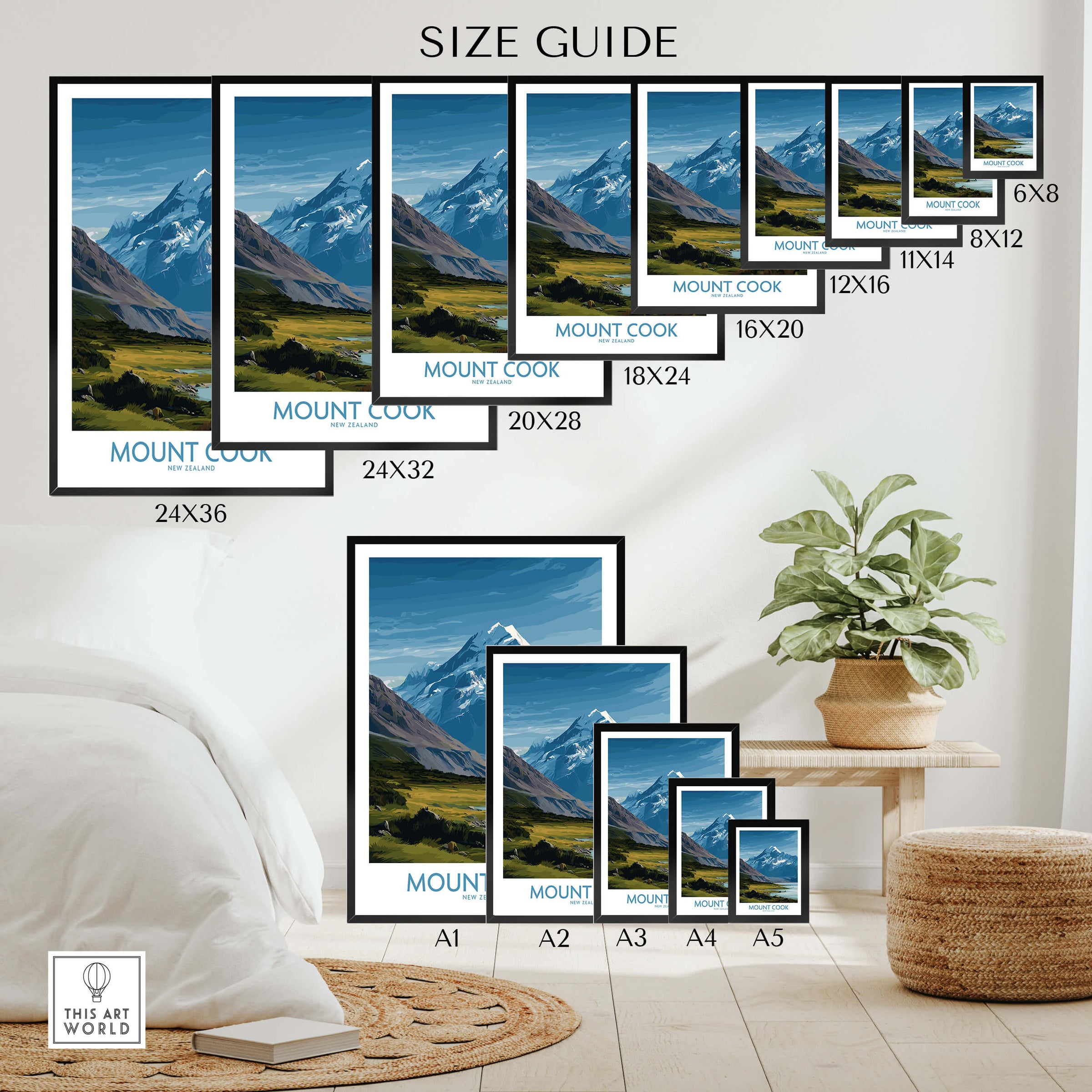 Mount Cook New Zealand Poster | Southern Alps Nature Scene Canvas Print size guide showcasing various frame options.