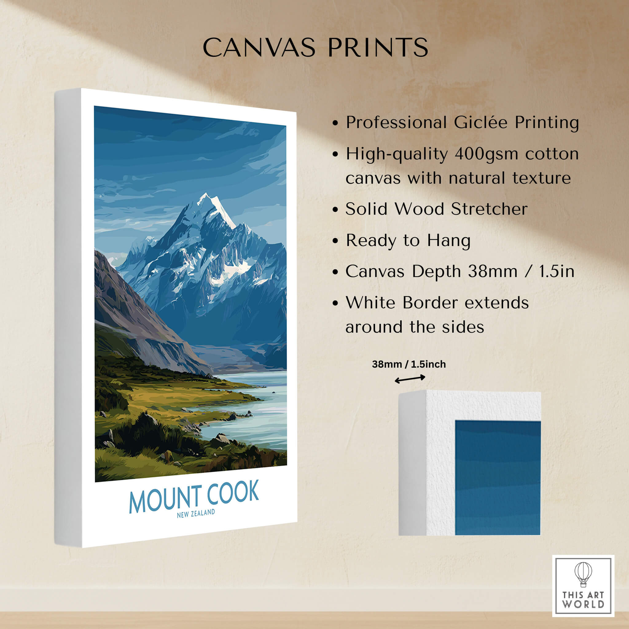 Mount Cook New Zealand Poster | Southern Alps Nature Scene Canvas Print showcasing professional Giclée printing and high-quality materials.