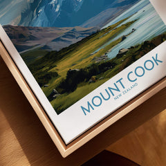 Mount Cook New Zealand Poster | Southern Alps Nature Scene Canvas Print displayed on a wooden surface.