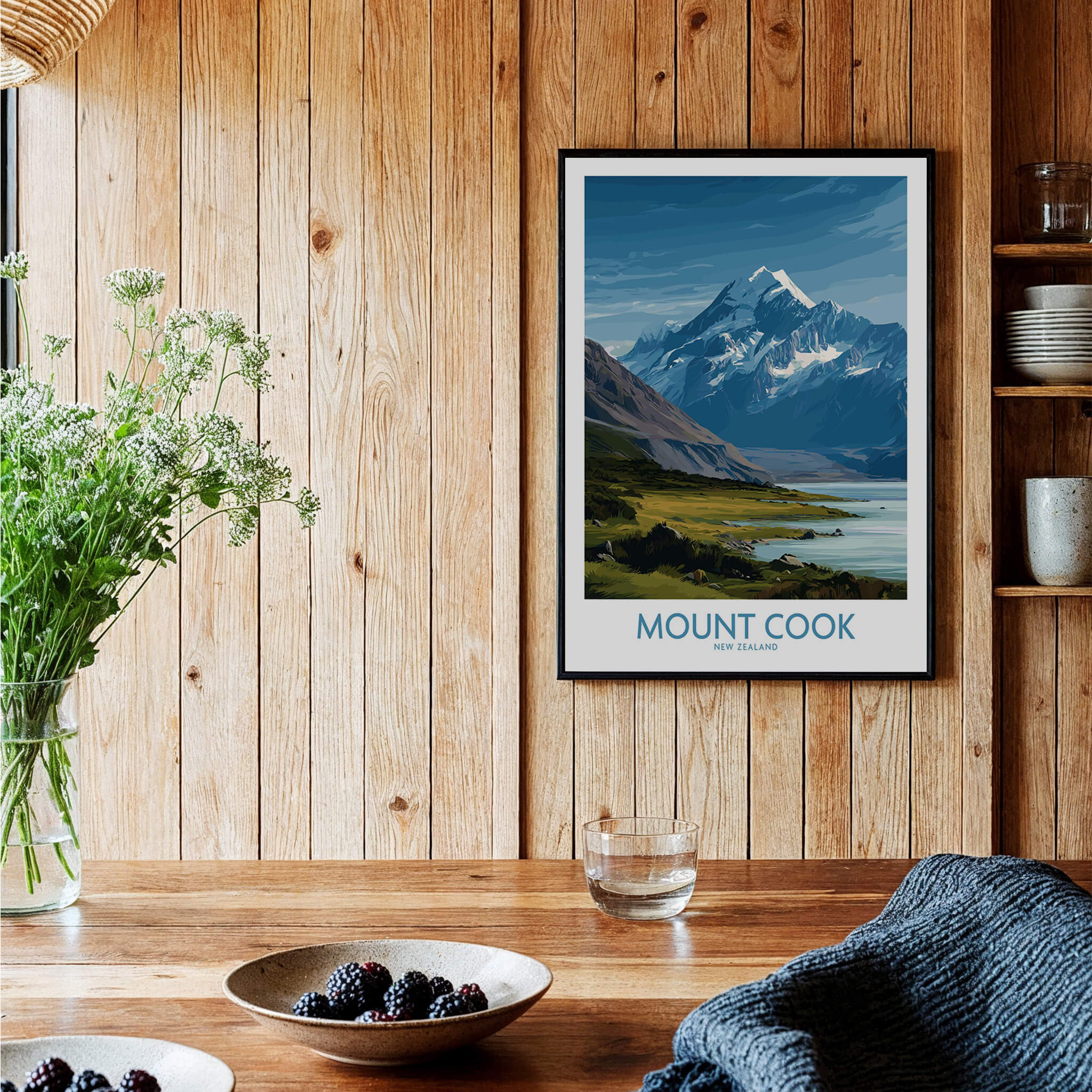 Mount Cook New Zealand Poster | Southern Alps Nature Scene Canvas Print displayed in a rustic home setting.