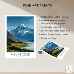 Mount Cook New Zealand Poster | Southern Alps Nature Scene Canvas Print showcasing fine art quality and stunning mountain landscape.