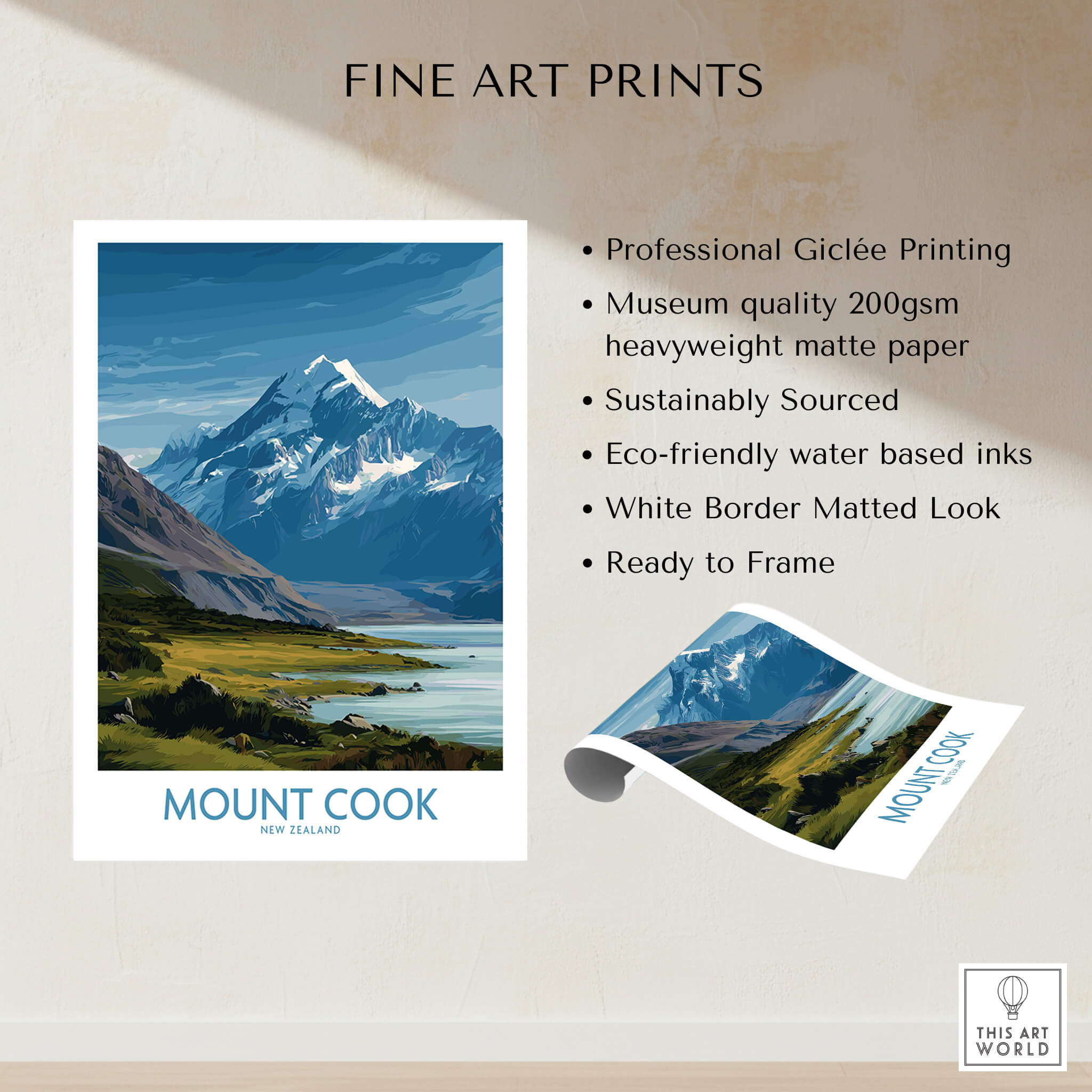 Mount Cook New Zealand Poster | Southern Alps Nature Scene Canvas Print showcasing fine art quality and stunning mountain landscape.