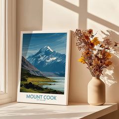 Mount Cook New Zealand Poster | Southern Alps Nature Scene Canvas Print displayed in a bright room.