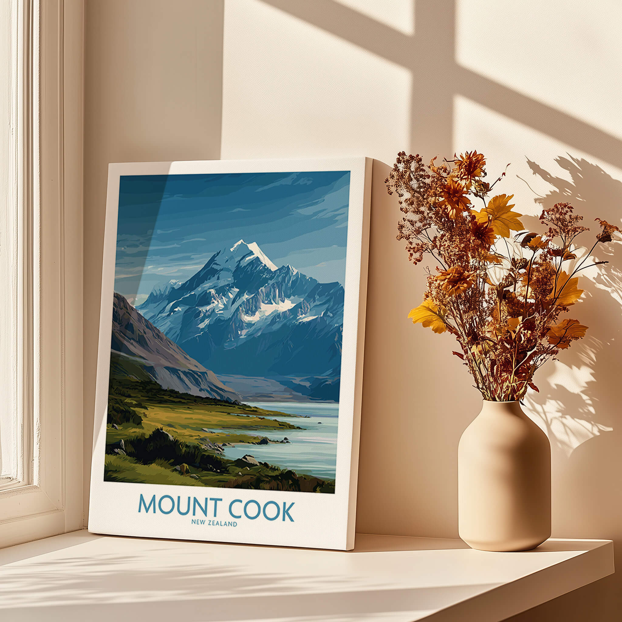 Mount Cook New Zealand Poster | Southern Alps Nature Scene Canvas Print displayed in a bright room.