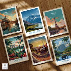 Mount Cook New Zealand Poster | Southern Alps Nature Scene Canvas Print displayed among travel posters of Venice, Paris, Singapore, Barcelona, and Sri Lanka.