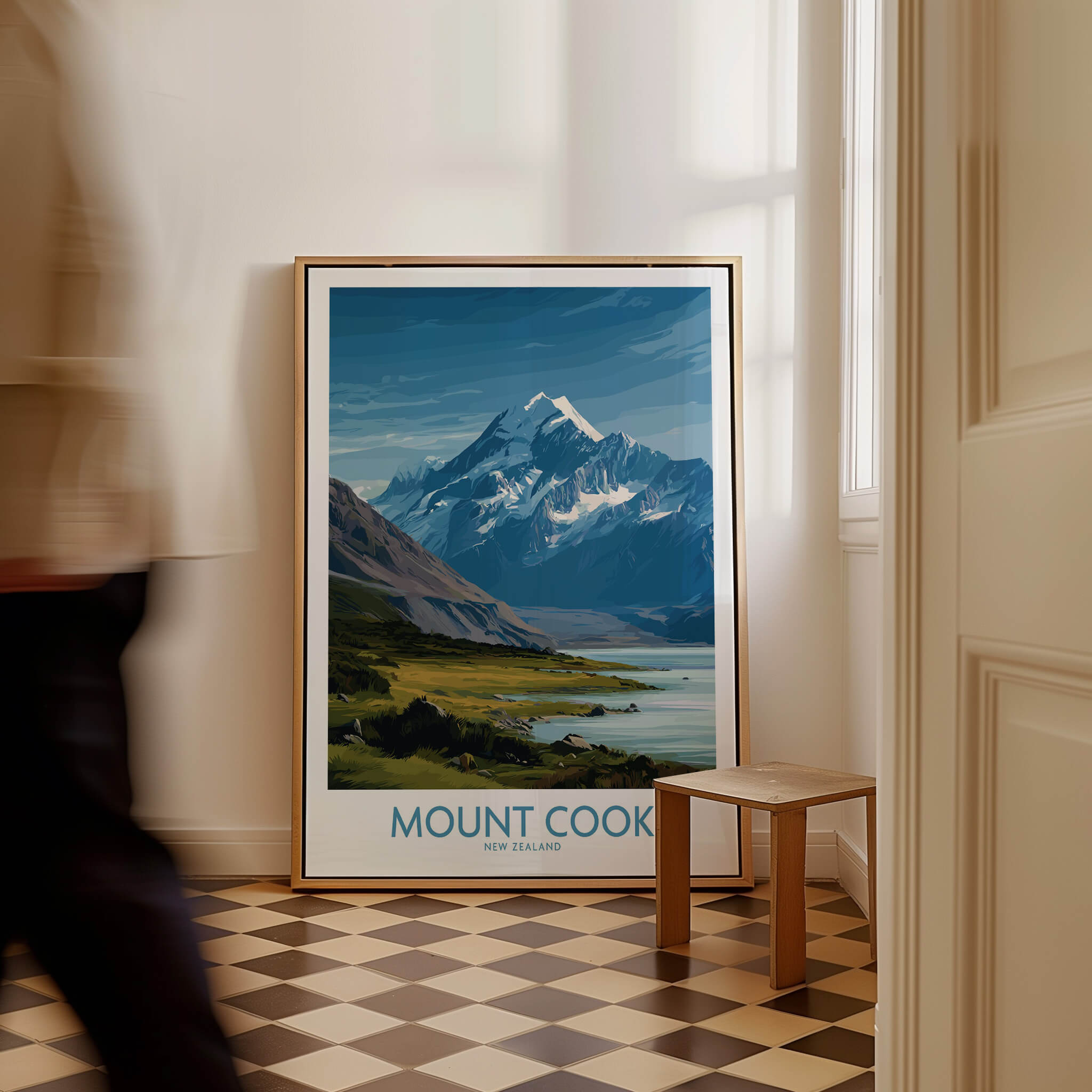 Mount Cook New Zealand Poster | Southern Alps Nature Scene Canvas Print displayed in a stylish interior setting.