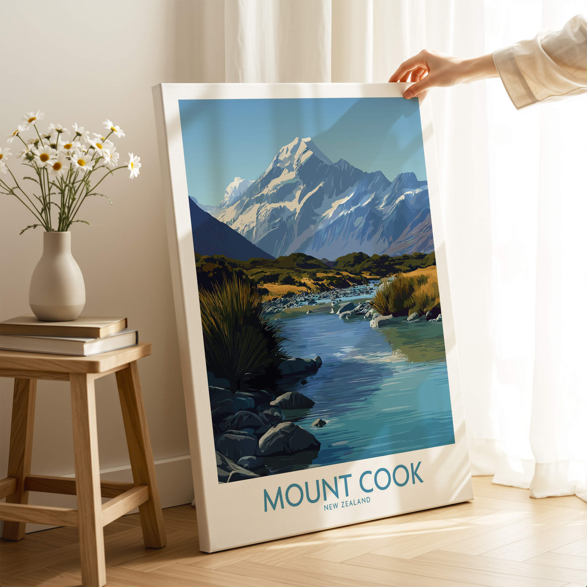 Mount Cook New Zealand Canvas Print | Scenic Alpine Landscape Poster displayed in a cozy indoor setting.