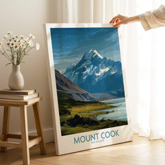 Mount Cook New Zealand Poster | Southern Alps Nature Scene Canvas Print displayed in a bright interior with flowers.