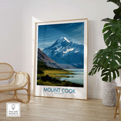 Mount Cook New Zealand Poster | Southern Alps Nature Scene Canvas Print displayed in stylish interior decor.
