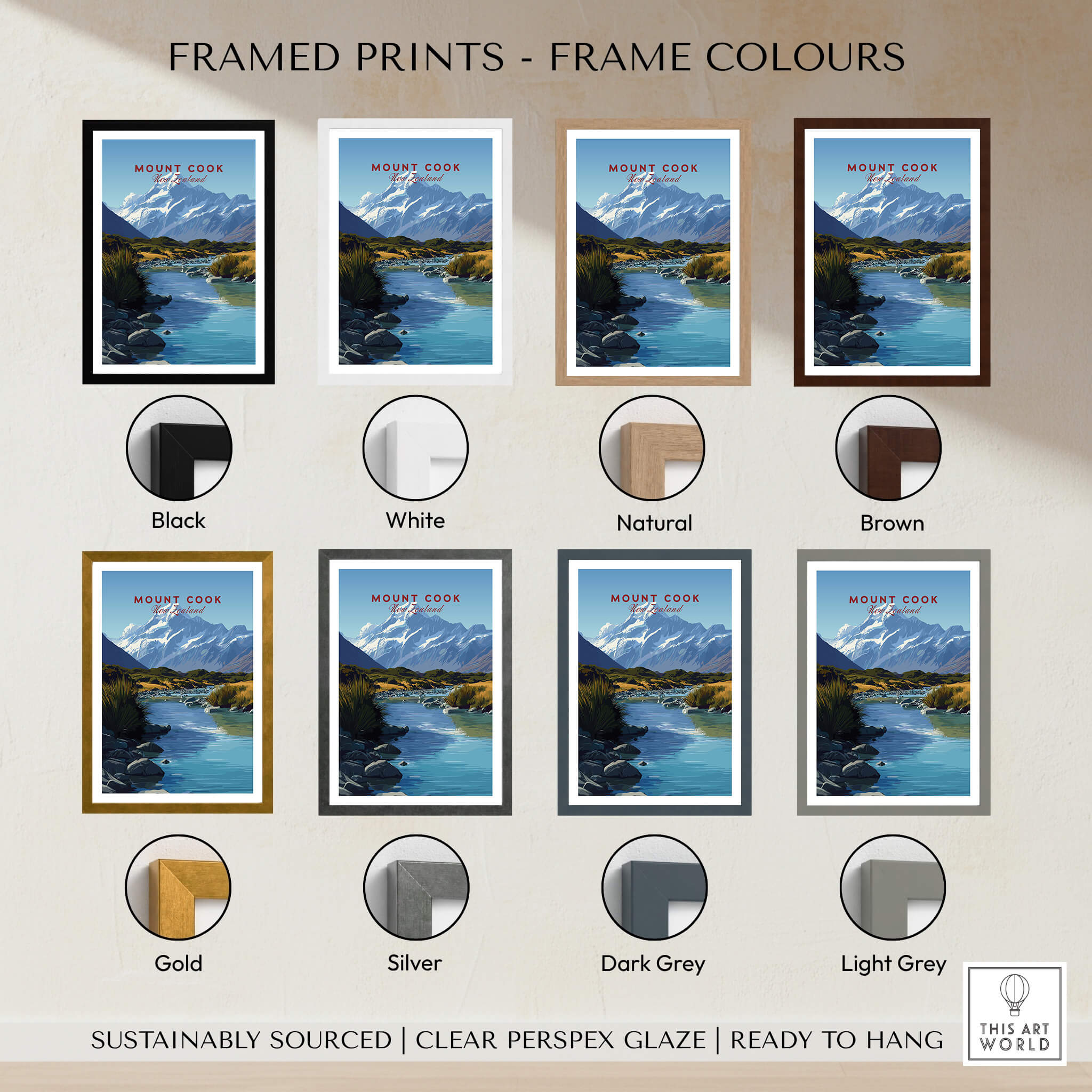 Mount Cook New Zealand Travel Poster | Glacial Lake & Peaks Wall Art Print in various frame colors.