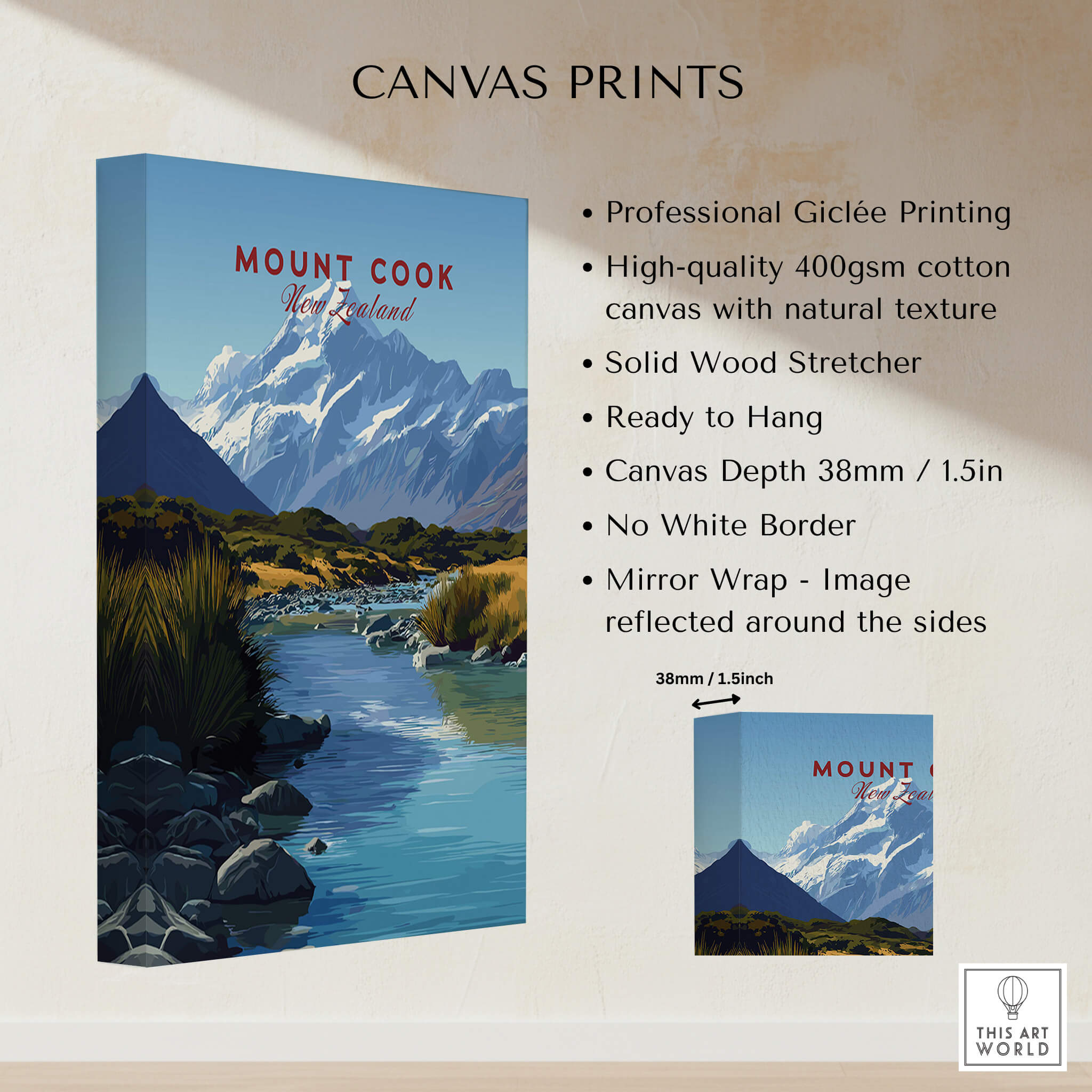 Mount Cook New Zealand Travel Poster | Glacial Lake & Peaks Wall Art Print showcasing high-quality canvas print details.