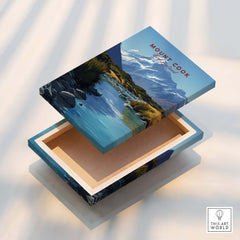 Mount Cook New Zealand Travel Poster | Glacial Lake & Peaks Wall Art Print decorative box featuring alpine scenery.