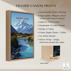 Mount Cook New Zealand Travel Poster | Glacial Lake & Peaks Wall Art Print framed canvas with natural wooden frame.