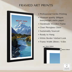 Mount Cook New Zealand Travel Poster | Glacial Lake & Peaks Wall Art Print framed art print with professional giclee printing.