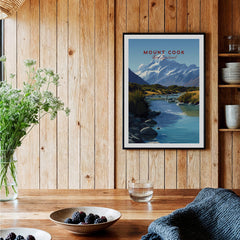 Mount Cook New Zealand Travel Poster | Glacial Lake & Peaks Wall Art Print displayed in a cozy interior setting.