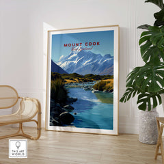 Mount Cook New Zealand Travel Poster | Glacial Lake & Peaks Wall Art Print displayed in a stylish interior setting.
