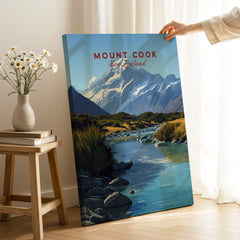 Mount Cook New Zealand Travel Poster | Glacial Lake & Peaks Wall Art Print featuring a stunning alpine landscape.