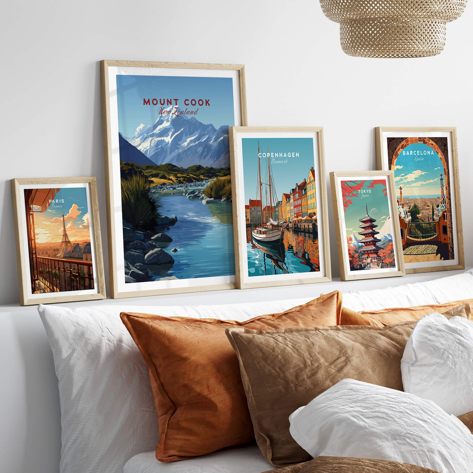 Mount Cook New Zealand Travel Poster | Glacial Lake & Peaks Wall Art Print displayed on a stylish wall with other travel posters.