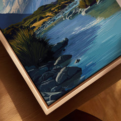 Mount Cook New Zealand Travel Poster | Glacial Lake & Peaks Wall Art Print detail featuring a serene water edge and lush surroundings.