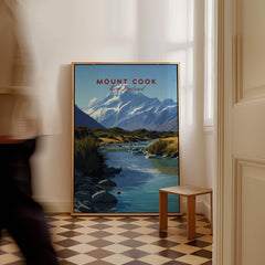 Mount Cook New Zealand Travel Poster | Glacial Lake & Peaks Wall Art Print displayed in a modern interior setting.