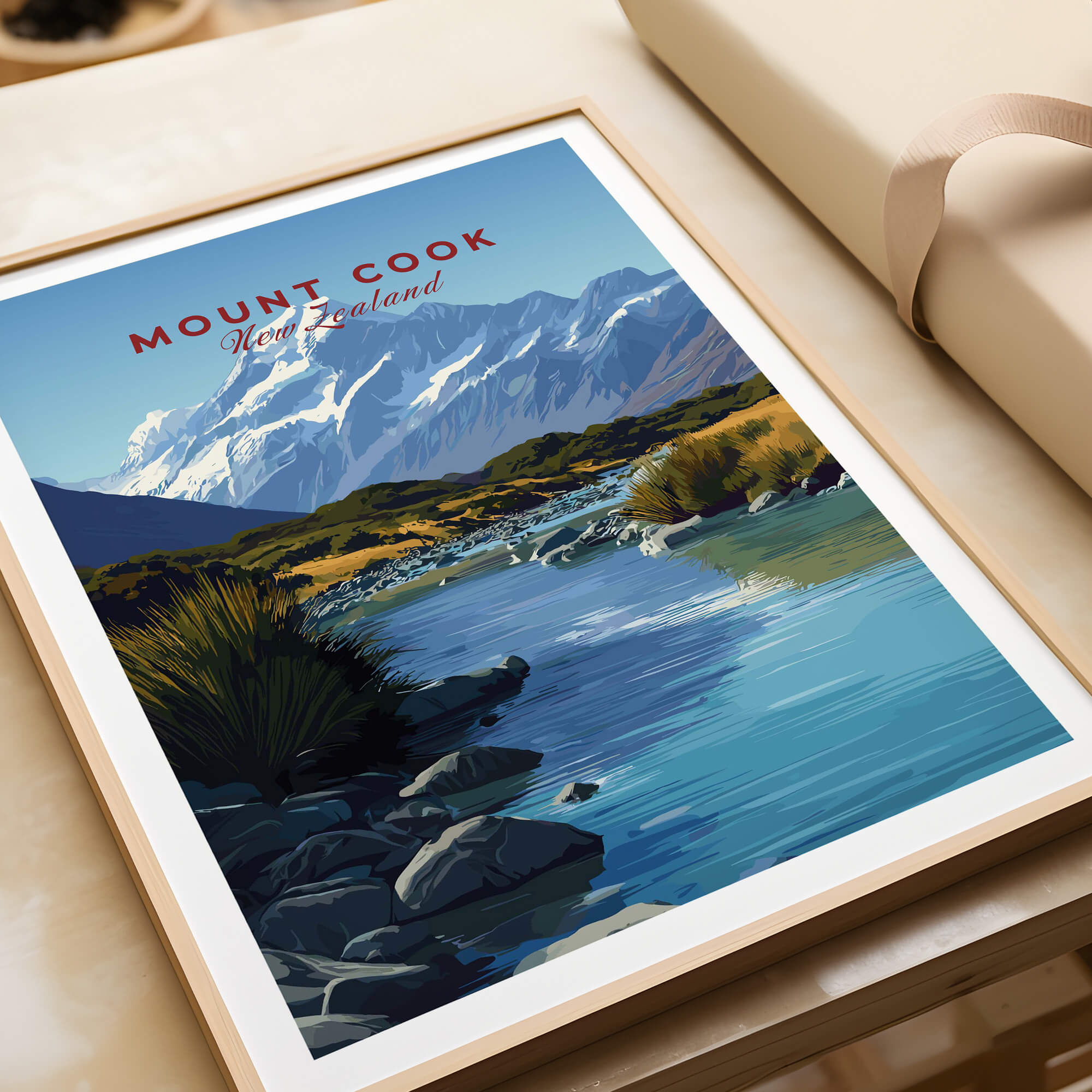 Mount Cook New Zealand Travel Poster | Glacial Lake & Peaks Wall Art Print in a framed design capturing the scenic beauty.
