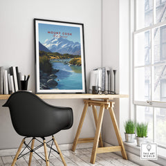 Mount Cook New Zealand Travel Poster | Glacial Lake & Peaks Wall Art Print displayed in a modern office setting.