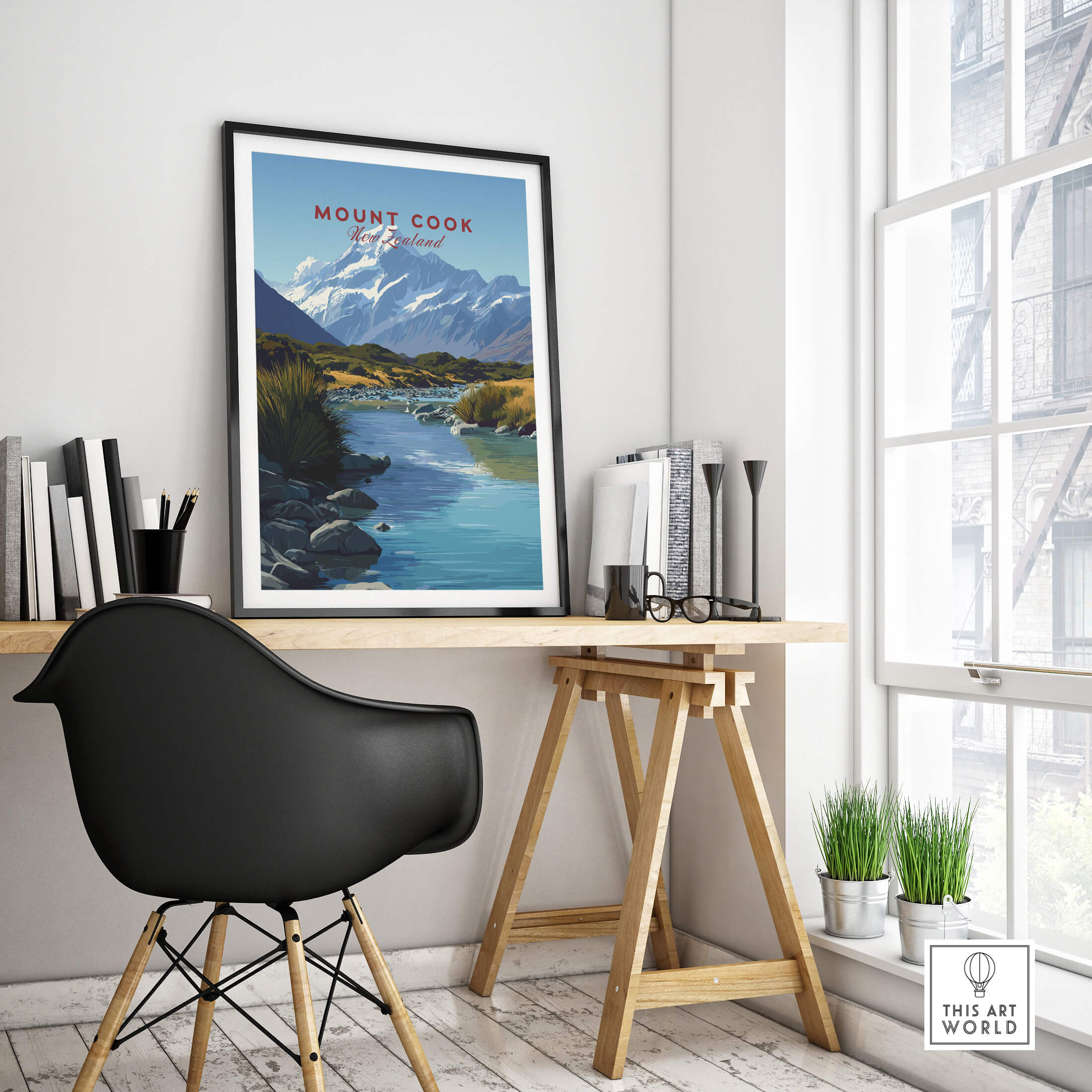 Mount Cook New Zealand Travel Poster | Glacial Lake & Peaks Wall Art Print displayed in a modern office setting.