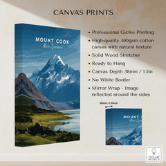 Mount Cook New Zealand Wall Art Print | Snow Capped Summit Travel Poster showcasing a stunning canvas print.