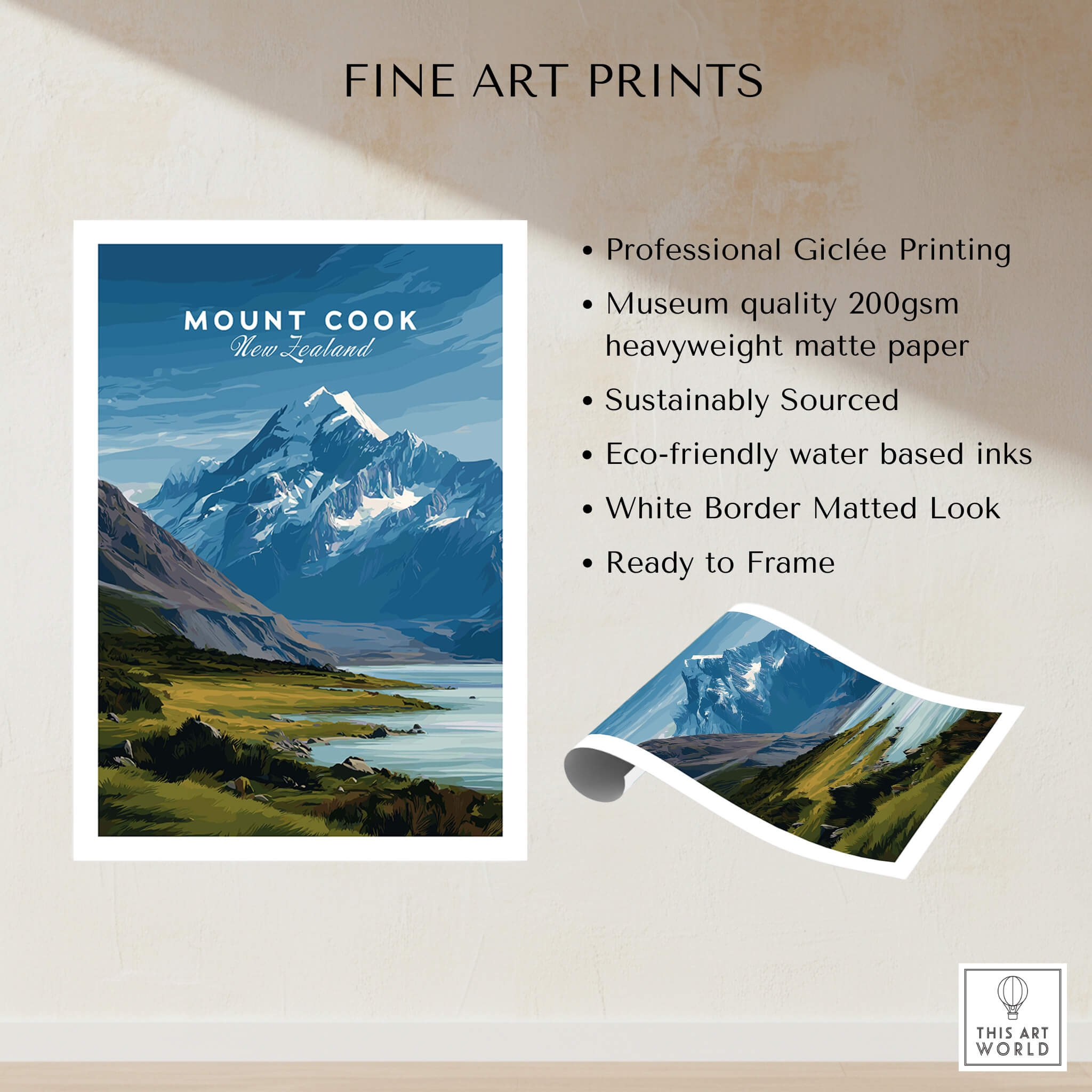 Mount Cook New Zealand Wall Art Print | Snow Capped Summit Travel Poster showcasing Aoraki's breathtaking peak.