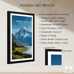 Mount Cook New Zealand Wall Art Print | Snow Capped Summit Travel Poster framed with a wooden frame and plexiglass.