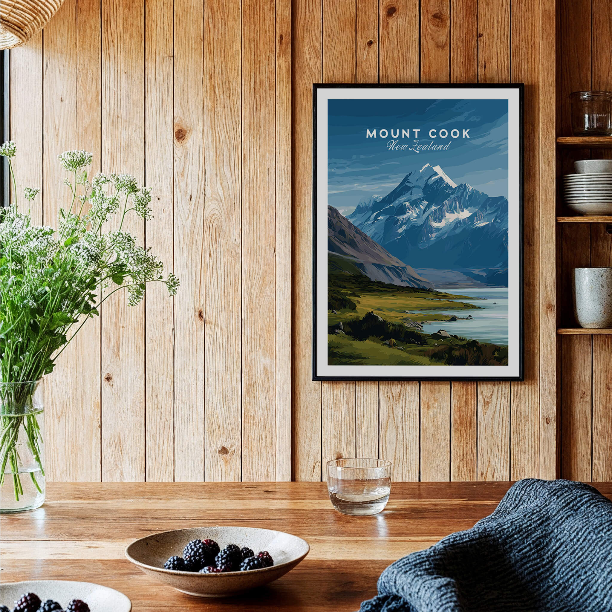 Mount Cook New Zealand Wall Art Print | Snow Capped Summit Travel Poster displayed in a rustic wooden setting