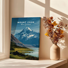 Mount Cook New Zealand Wall Art Print | Snow Capped Summit Travel Poster featuring Aoraki's stunning peak.