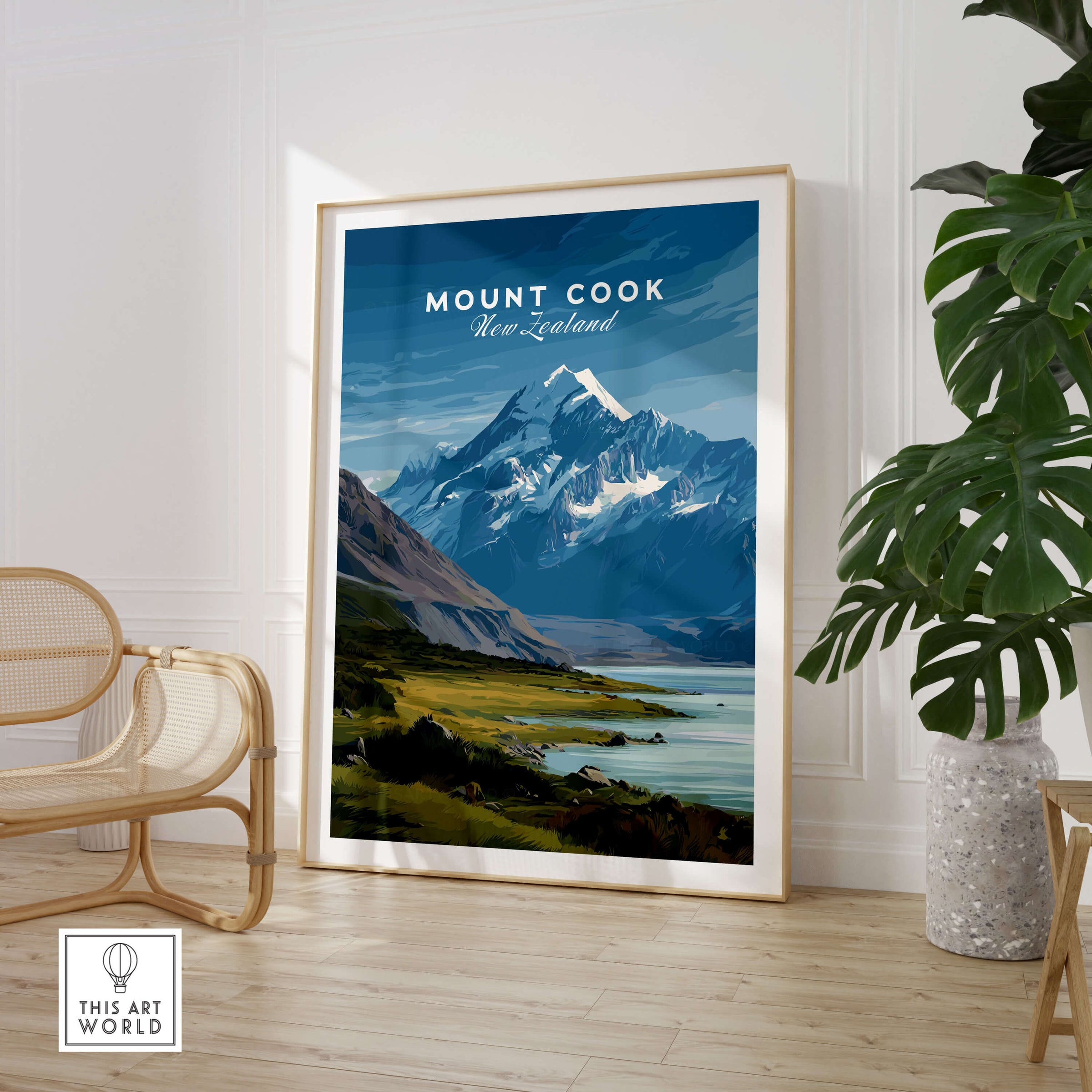Mount Cook New Zealand Wall Art Print | Snow Capped Summit Travel Poster showcasing Aoraki's majestic snow-crowned peak.