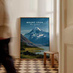 Mount Cook New Zealand Wall Art Print | Snow Capped Summit Travel Poster displayed in a stylish interior setting.