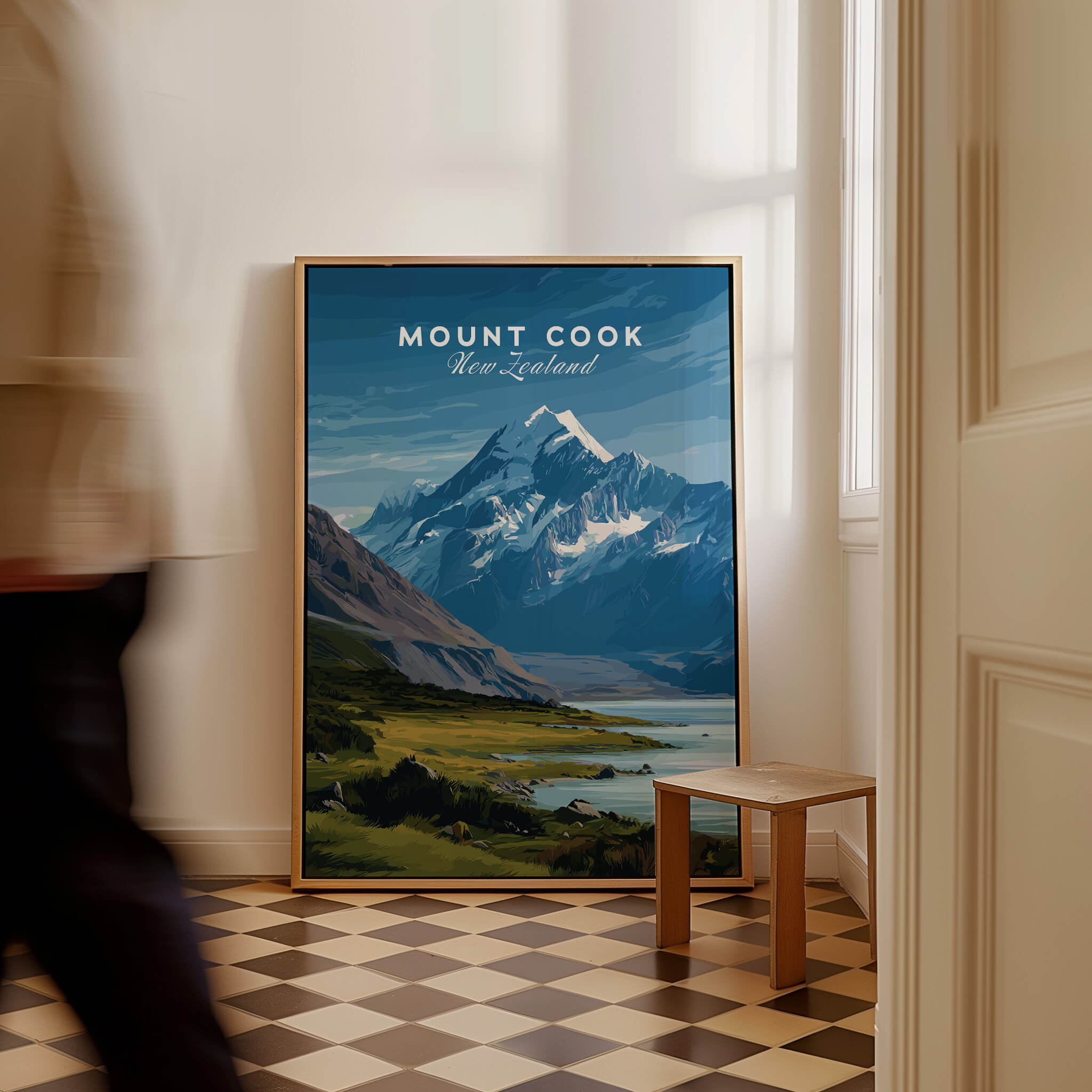 Mount Cook New Zealand Wall Art Print | Snow Capped Summit Travel Poster displayed in a stylish interior setting.