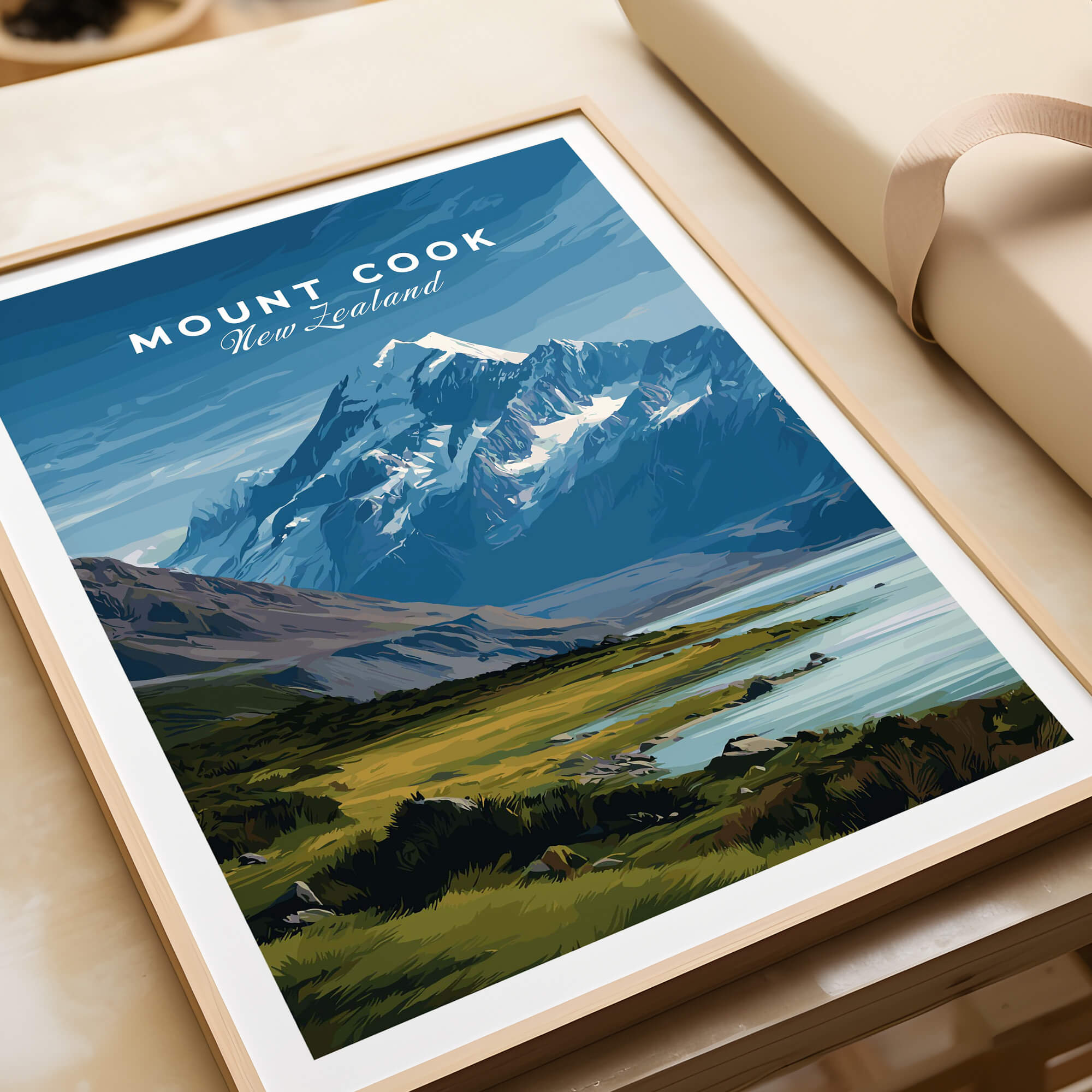 Mount Cook New Zealand Wall Art Print | Snow Capped Summit Travel Poster featuring snow-capped mountains and serene landscapes.