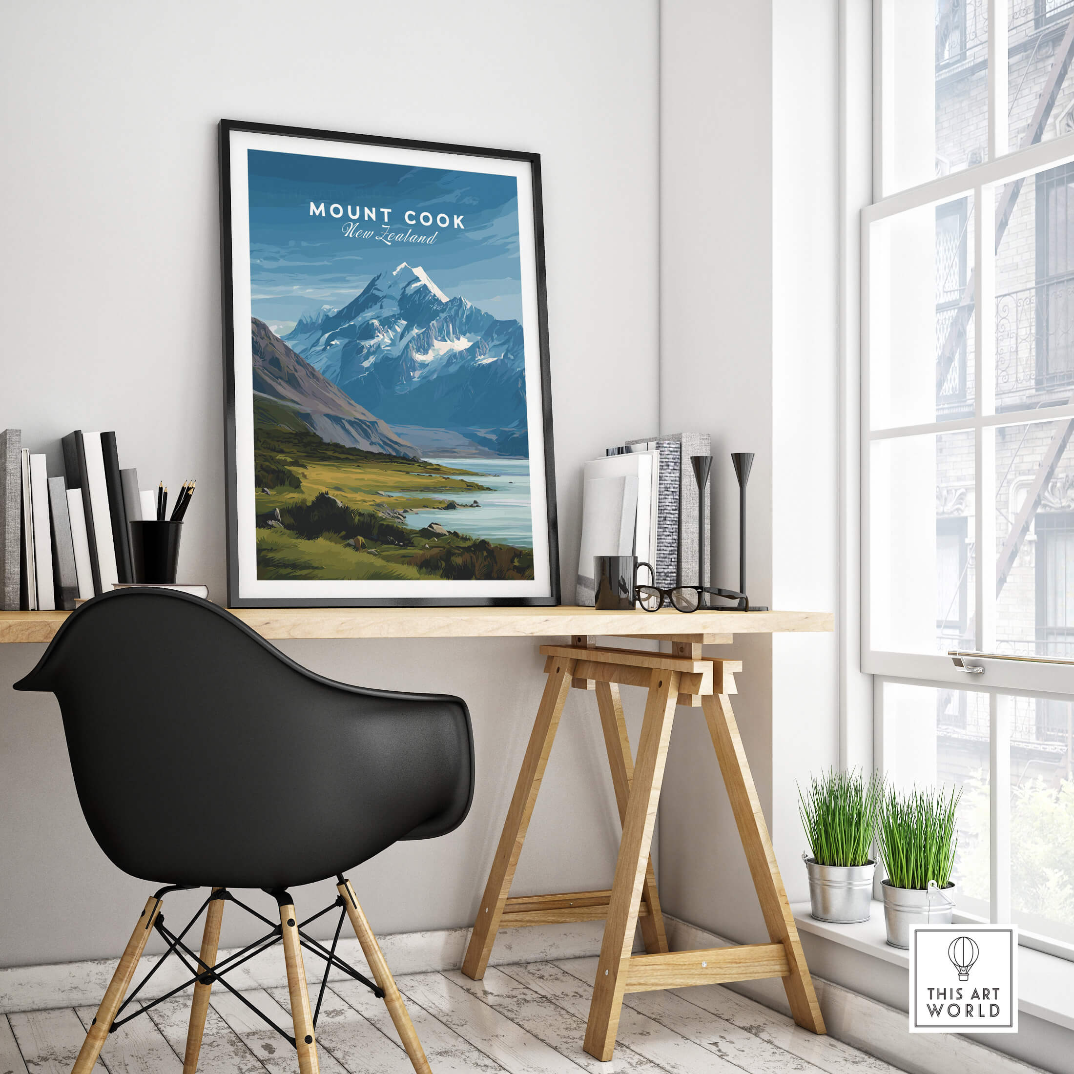 Mount Cook New Zealand Wall Art Print | Snow Capped Summit Travel Poster in a modern workspace setting.