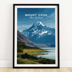 Mount Cook New Zealand Wall Art Print | Snow Capped Summit Travel Poster showcasing a stunning mountain landscape.