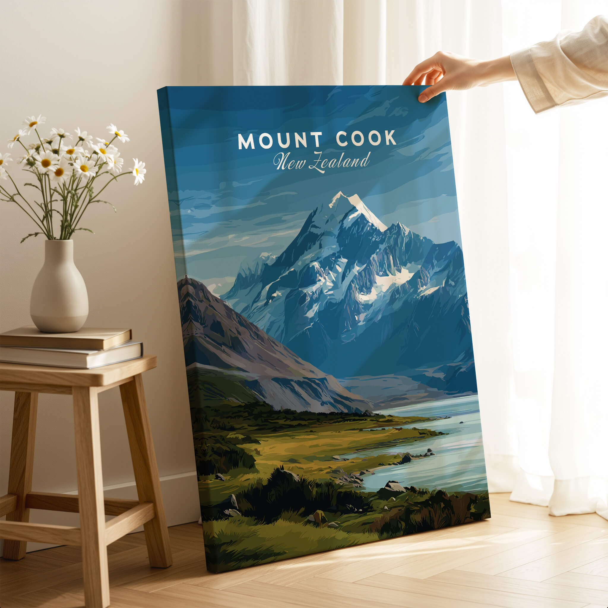 Mount Cook New Zealand Wall Art Print | Snow Capped Summit Travel Poster featuring Aoraki's majestic peak.