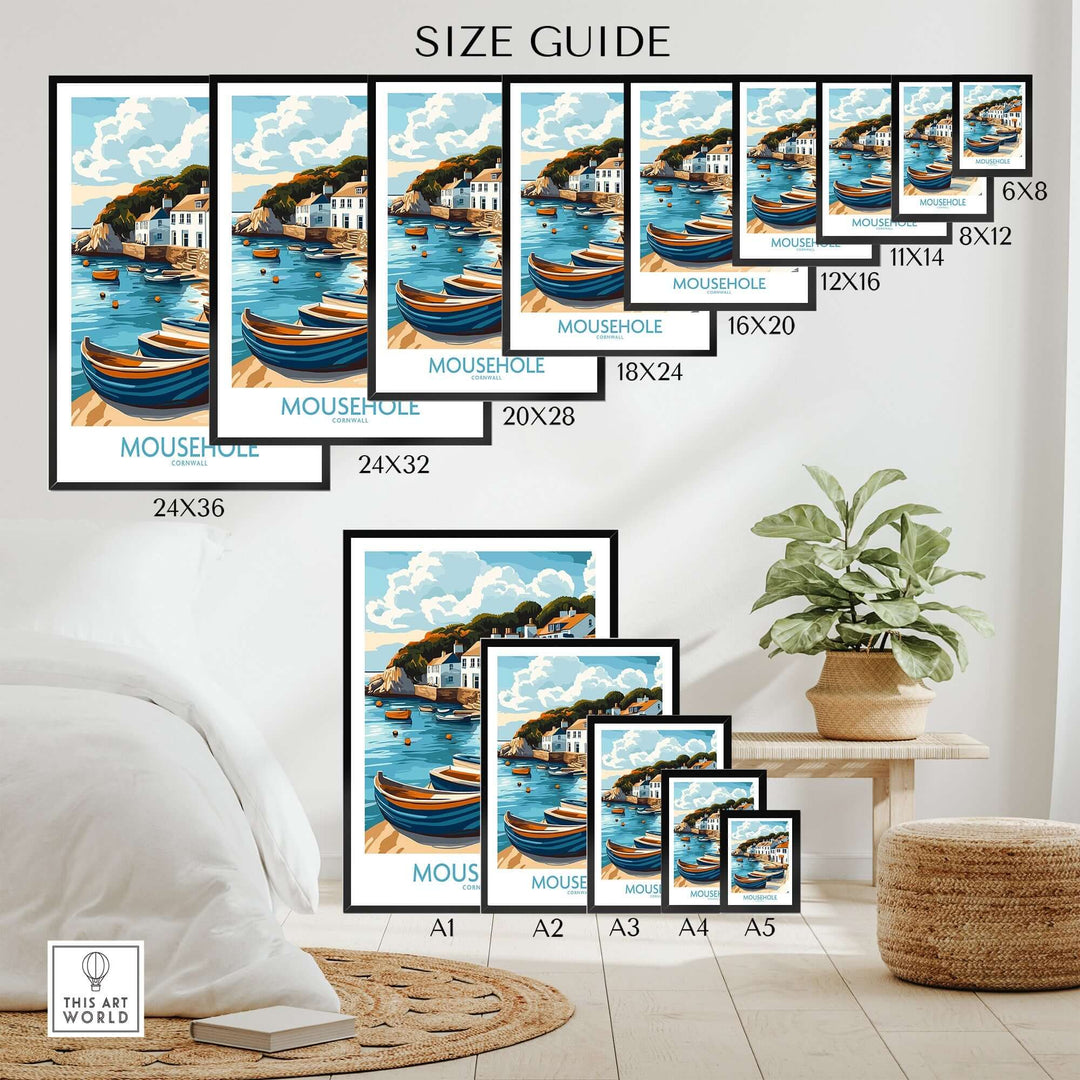 Mousehole Travel Poster Cornwall in various sizes, showcasing a colorful fishing village. Ideal for adding English countryside charm to home decor.